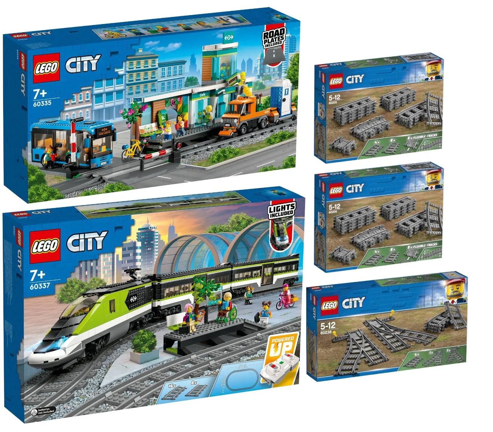 Lego City zestaw 5-częściowy: 60337 osobowy szybki pociąg, 60335 stacja kolejowa, 60238 miękkie i 2 x 60205 szyny